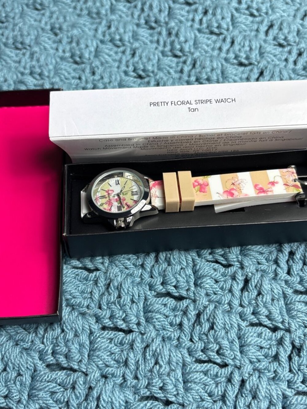 Avon Pretty Floral Striped Watch Tan New in Box